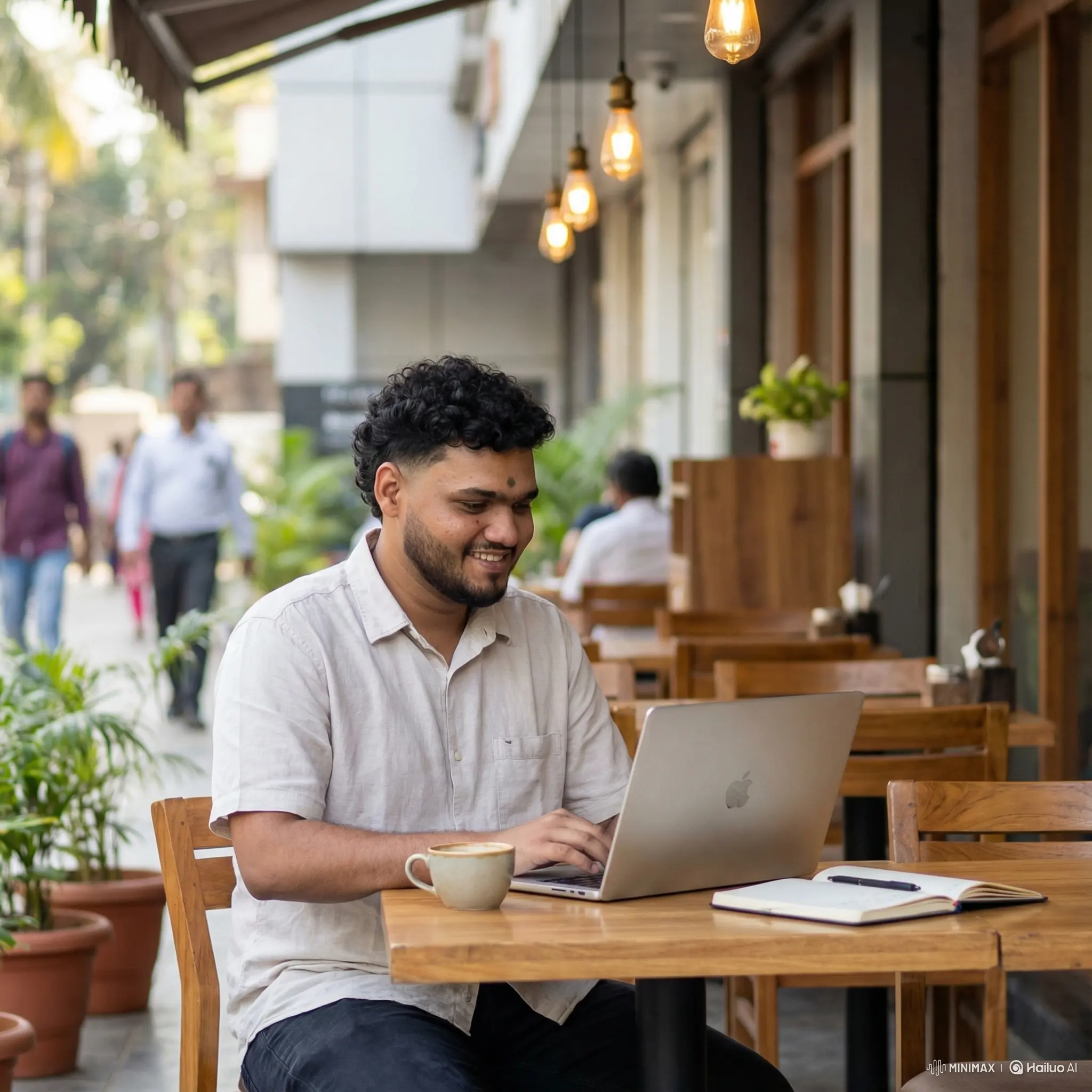 Ridhwan Samad freelance digital marketer in Dubai, working on a laptop at an outdoor café with a coffee cup and notebook, showcasing a modern remote work lifestyle